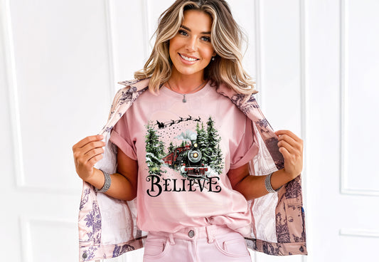 Believe Christmas Train Tee – Vintage Holiday Winter Scene Shirt