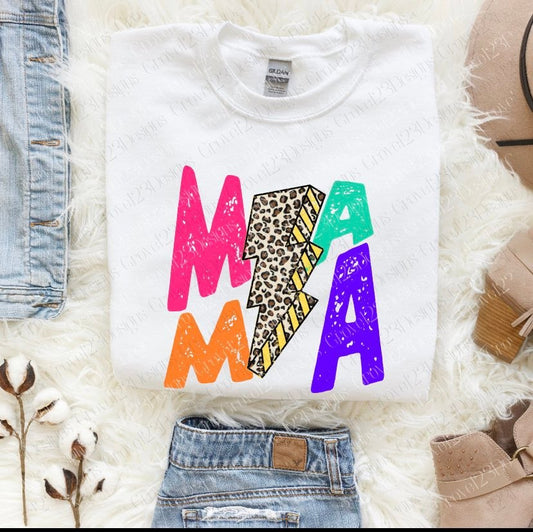 Mama Multicolored Ink Leopard Print Lighting Bolt Tee