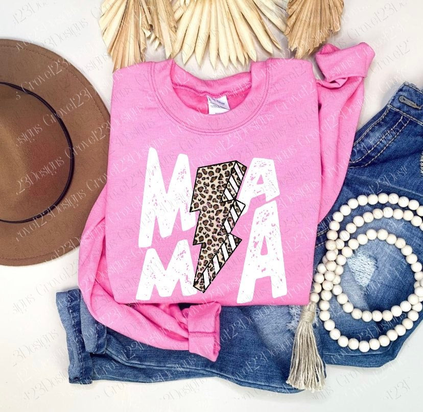 Mama White Ink Leopard Lighting Bolt Tee