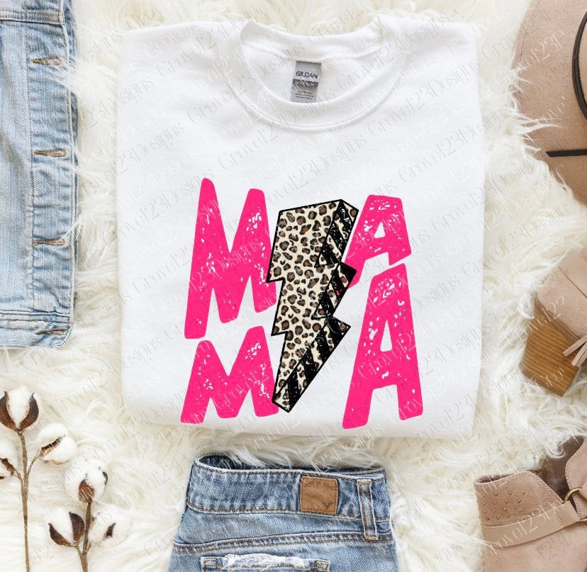 Mama Pink Ink Leopard Lighting Bolt Tee