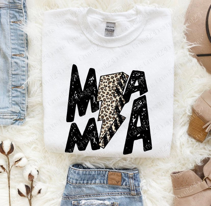 Mama Black Ink Leopard Lighting Bolt Tee