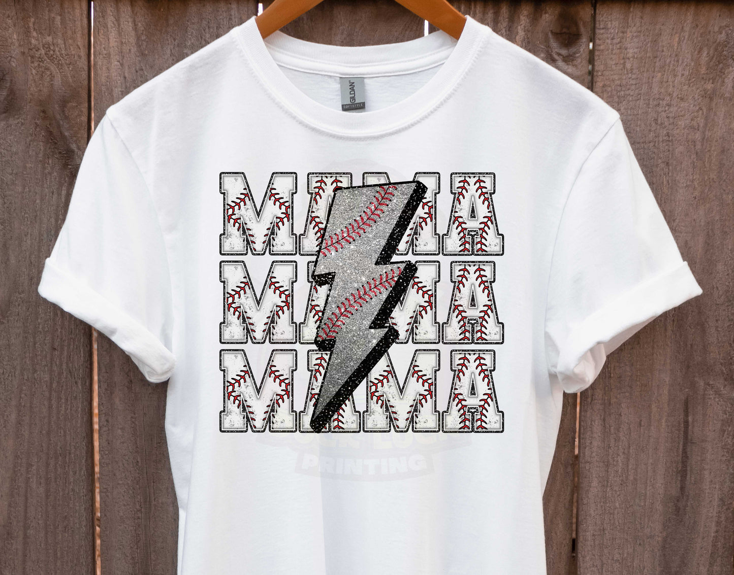 Baseball Mama Stacked Lightning Bolt_Faux Glitter_Shirt