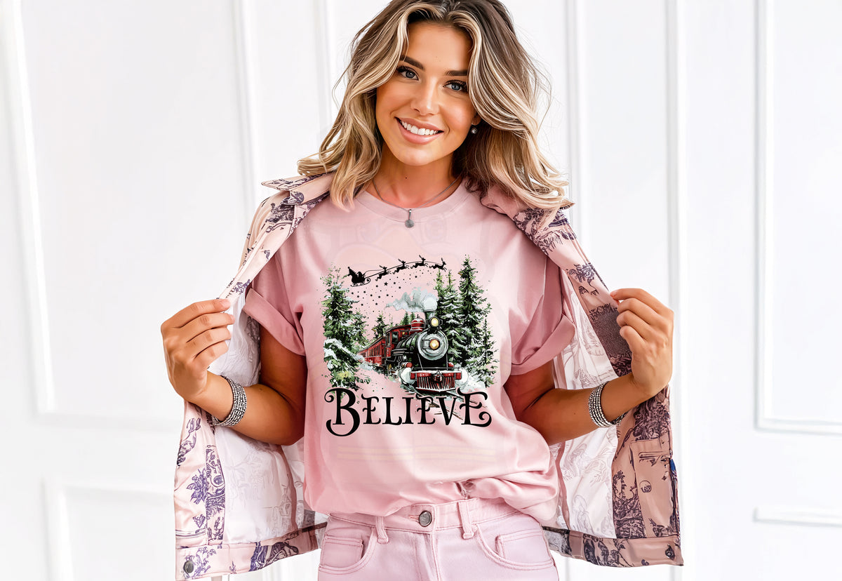 Believe Christmas Train Tee – Vintage Holiday Winter Scene Shirt