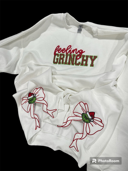 Custom Embroidered Christmas Grinchy Bow Sweatshirt