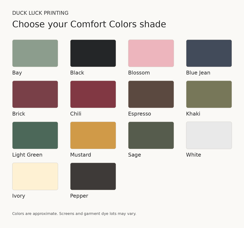 Duck Luck Printing Comfort Colors chart with 14 offered colors.