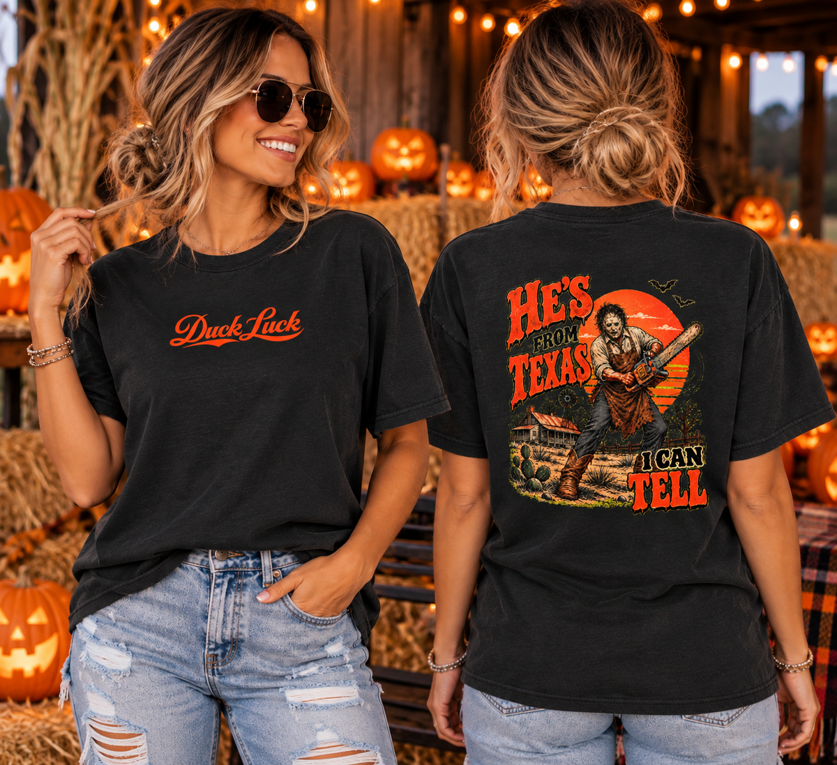 Black Halloween tee showing orange Duck Luck front logo and He's From Texas I Can Tell back graphic.